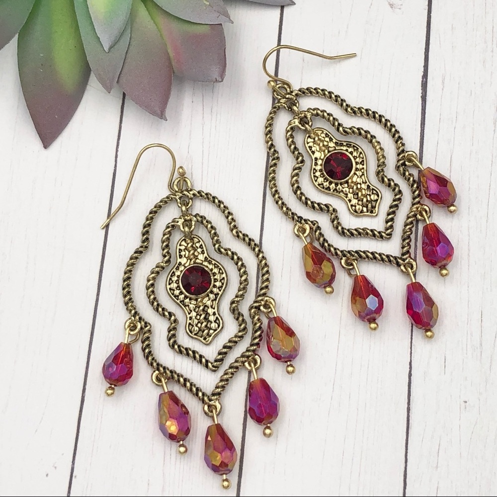 🌼 Open Moroccan Style Swing Gold Red Dangle Earrings